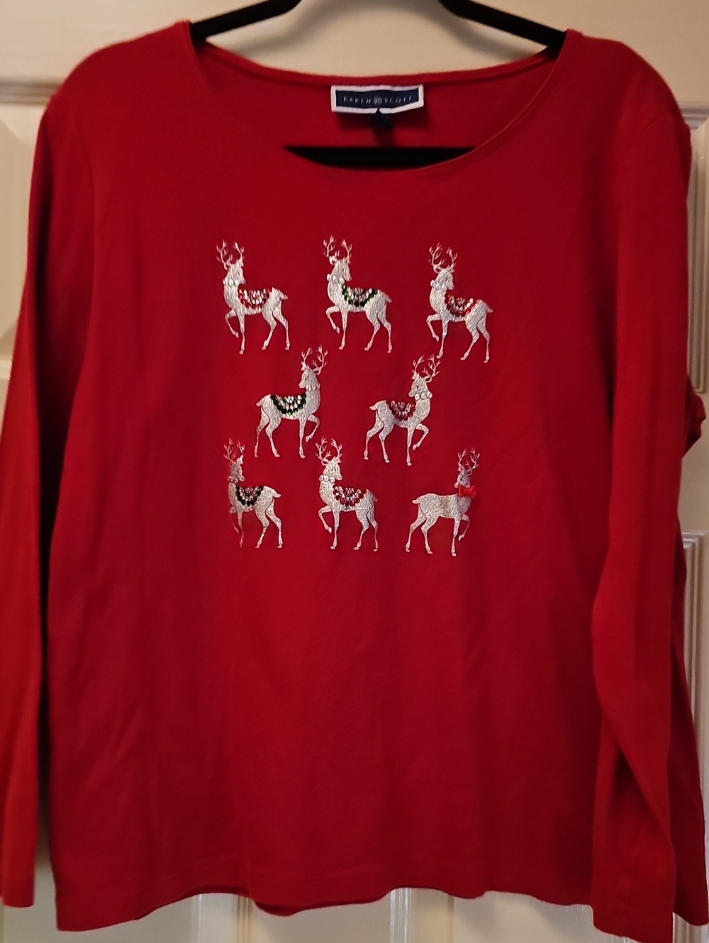 Karen Scott Red Reindeer Embroidered Crewneck Top